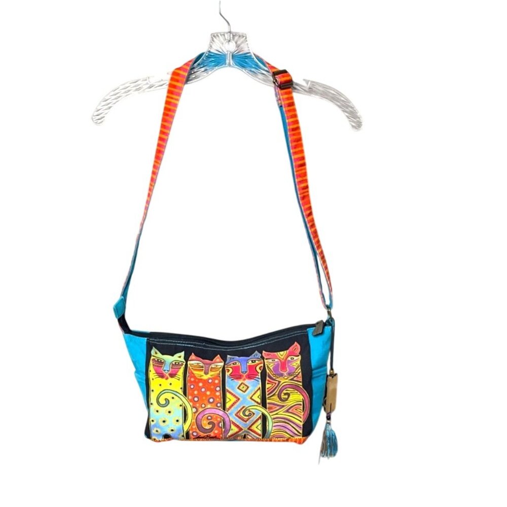 Laurel Burch Vibrant Cats Crossbody Bag Tassel Charm Beaded Sequins Art to Wear